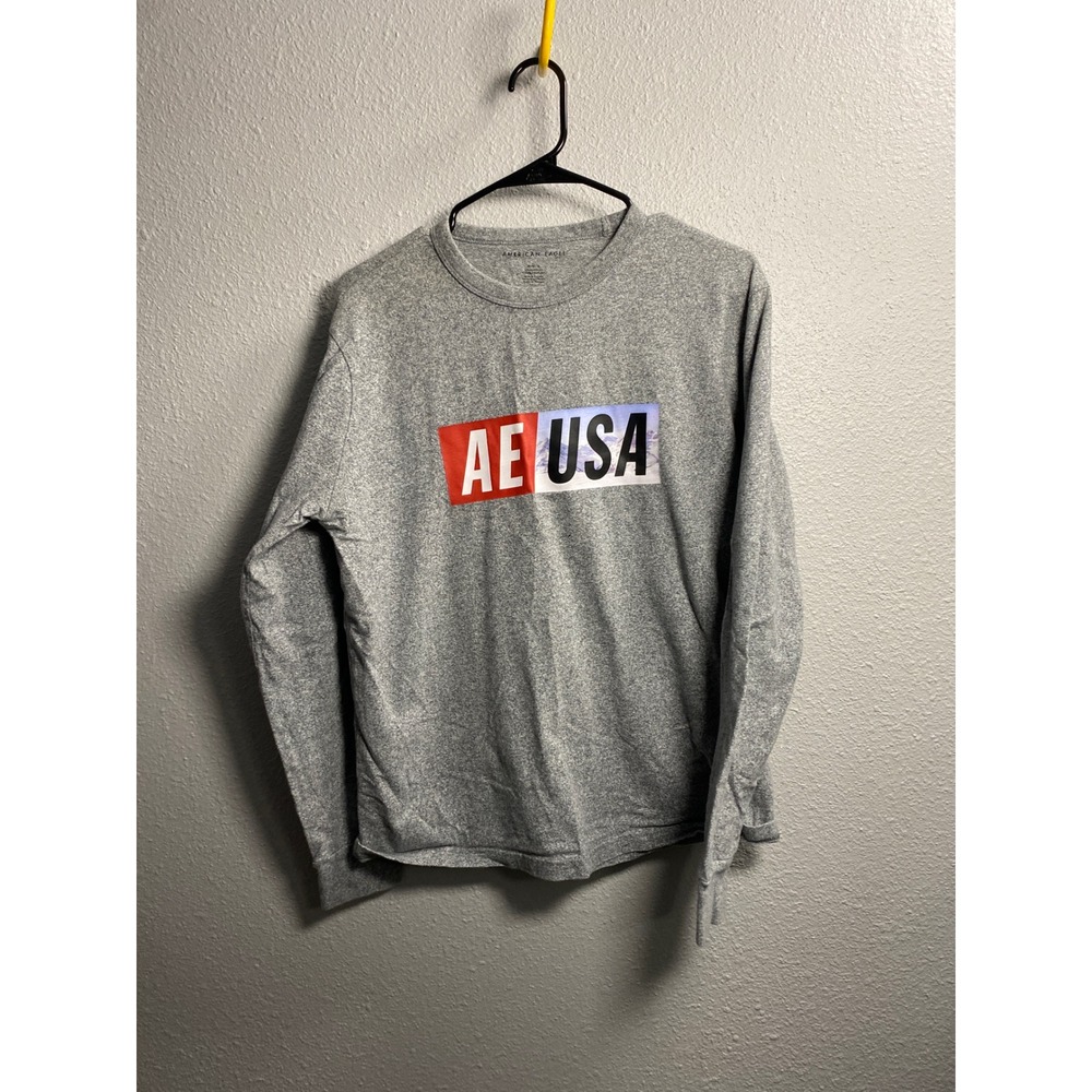 American Eagle Mens Long Sleeve Graphic T-Shirt Gray AE USA Logo Size Medium